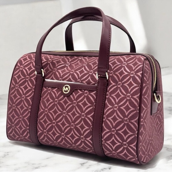 Michael Kors Jet Set Travel Medium Signature Logo Duffel Crossbody Bag Ox Blood - Picture 1 of 10